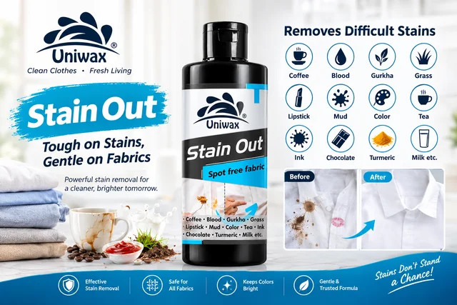 uniwax Stain out for tea coffee, pan masala, colour, black spot, food stain remover for cloth - 200ml
