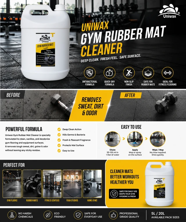 Uniwax Gym Rubber Mat Cleaner 1 Litre | Antibacterial Gym Floor Cleaner | Removes Sweat, Dirt & Odor | Non-Slip & Quick Dry Formula | Safe for Rubber Gym Mats & Fitness Flooring - 1kg