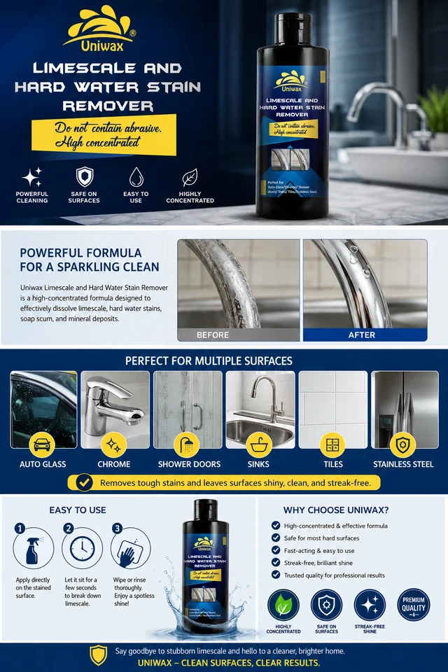 Uniwax UL13 Hard Water Stain Remover for Cars | Lime Scale Chrome, Logos & Door Handles Cleaner | 200ml - 5kg