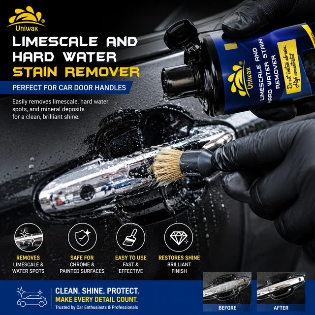 Uniwax UL13 Hard Water Stain Remover for Cars | Lime Scale Chrome, Logos & Door Handles Cleaner | 200ml - 1kg