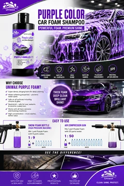 uniwax purple colour foam shampoo with wax / Produces Thick Coloured Foam Car Washing Liquid - 200ml, purple