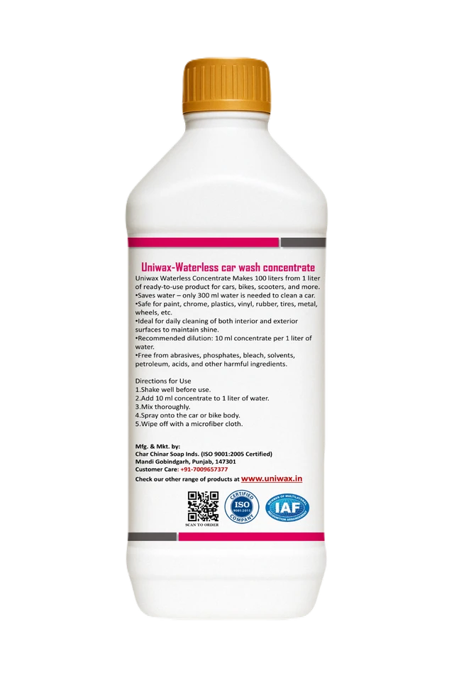 Uniwax drywash or Waterless car wash with wax concentrate Rinseless Car Wash | Eco Friendly Quick Detailer Spray | Exterior Car Cleaning | Car Care Products 1:100 - 1 kg