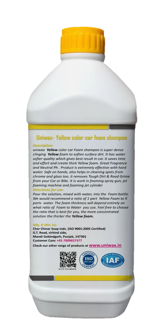 Uniwax blue color foam wash waUniwax Color Foam Wash with Wax Car Shampoo | High Foaming Car Wash Soap | Removes Dirt & Grime | Adds Shine & Water Beading | Safe for All Vehicle Paints | pH Balancedith wax colour foam car wash shampoo - 1kg, Yellow