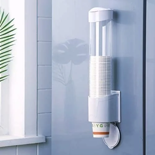 Pepcare Paper Cup Dispenser Holder | Wall Mounted Plastic Drinking Water Cup Dispenser | Glass Dispenser Holder | Disposable Cup Holder Organizer | Sticker or Screw Plate Mountable, Plastic - White, 1