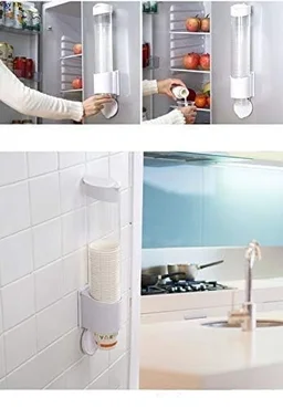 Pepcare Paper Cup Dispenser Holder | Wall Mounted Plastic Drinking Water Cup Dispenser | Glass Dispenser Holder | Disposable Cup Holder Organizer | Sticker or Screw Plate Mountable, Plastic - White, 1