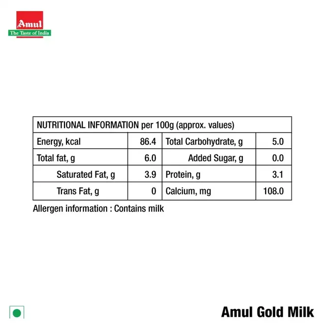 Amul Gold Full Cream Fresh Milk | Pouch - 500 Ml
