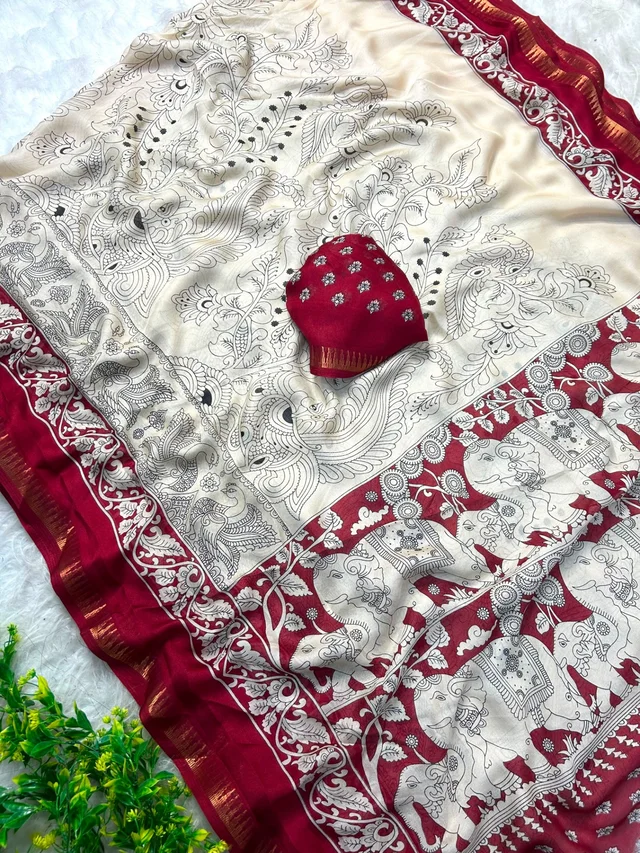Pen Kalamkari Prints Moss Chiffon Saree