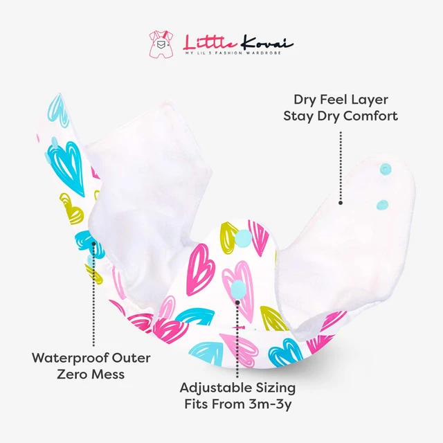 Little Kovai Leak-Proof Reusable Premium Cloth Diaper - Heart (Incl. Ultra-soft 5 layer insert) - Free Size (3M - 2Y)