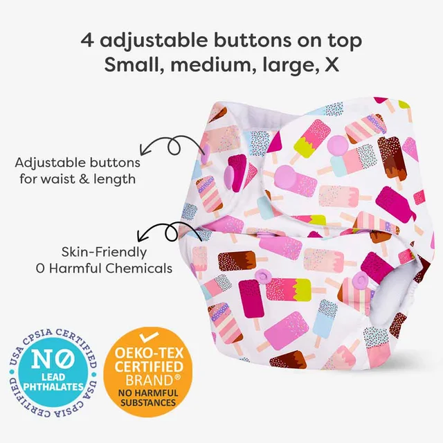 Little Kovai Leak-Proof Reusable Premium Cloth Diaper - Ice Cream (Incl. Ultra-soft 5 layer insert) - Free Size (3M - 2Y)