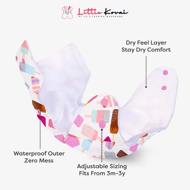 Little Kovai Leak-Proof Reusable Premium Cloth Diaper - Ice Cream (Incl. Ultra-soft 5 layer insert) - Free Size (3M - 2Y)