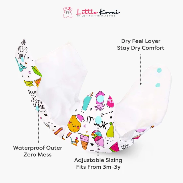 Little Kovai Leak-Proof Reusable Premium Cloth Diaper - Its Ok (Incl. Ultra-soft 5 layer insert) - Free Size (3M - 2Y)