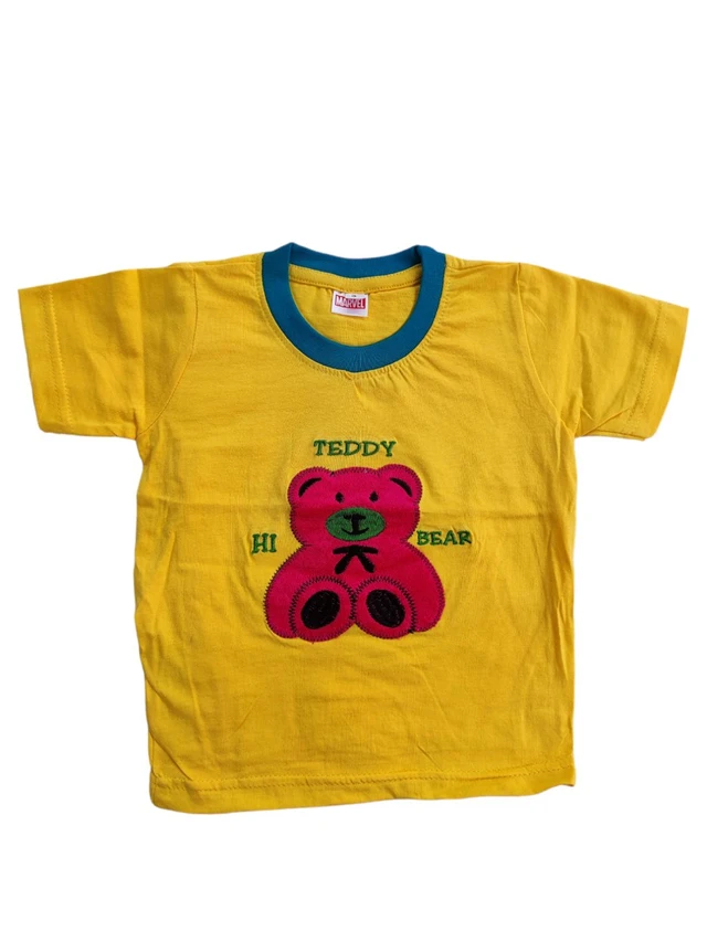 Hosiery Cotton Teddy Bear Design Tshirt for Boys & Girls - Yellow