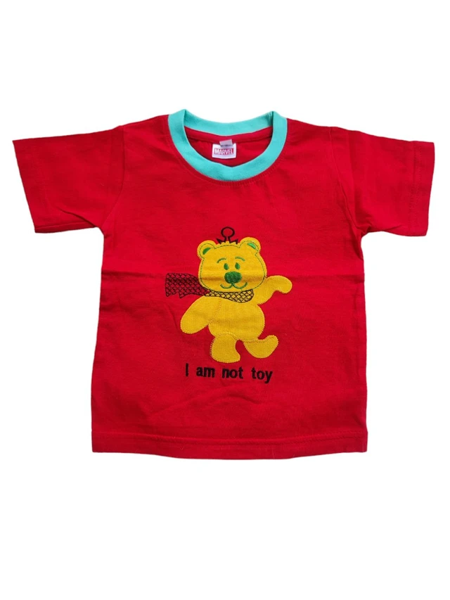 Hosiery Cotton Teddy Bear Design Tshirt for Boys & Girls - Red