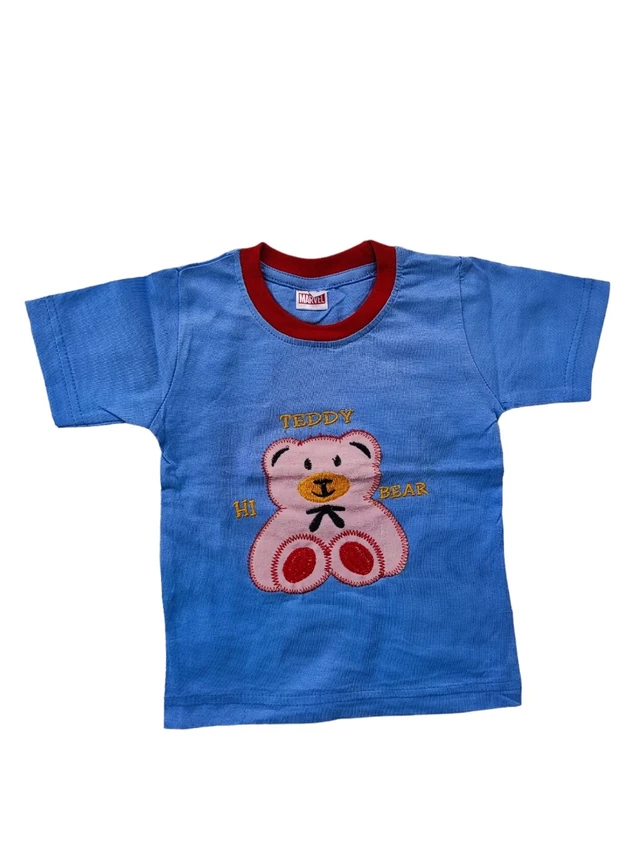 Hosiery Cotton Teddy Bear Design Tshirt for Boys & Girls - Blue