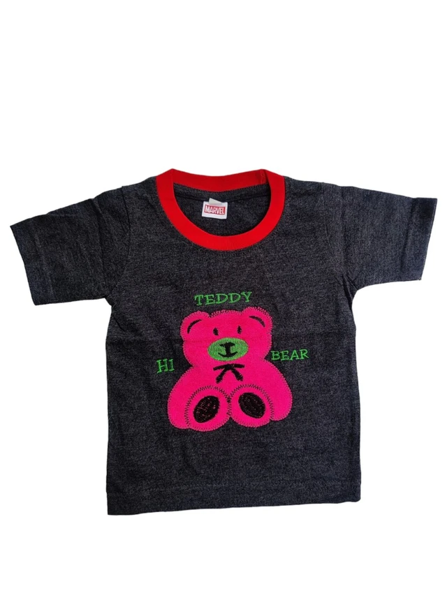Hosiery Cotton Teddy Bear Design Tshirt for Boys & Girls - Black