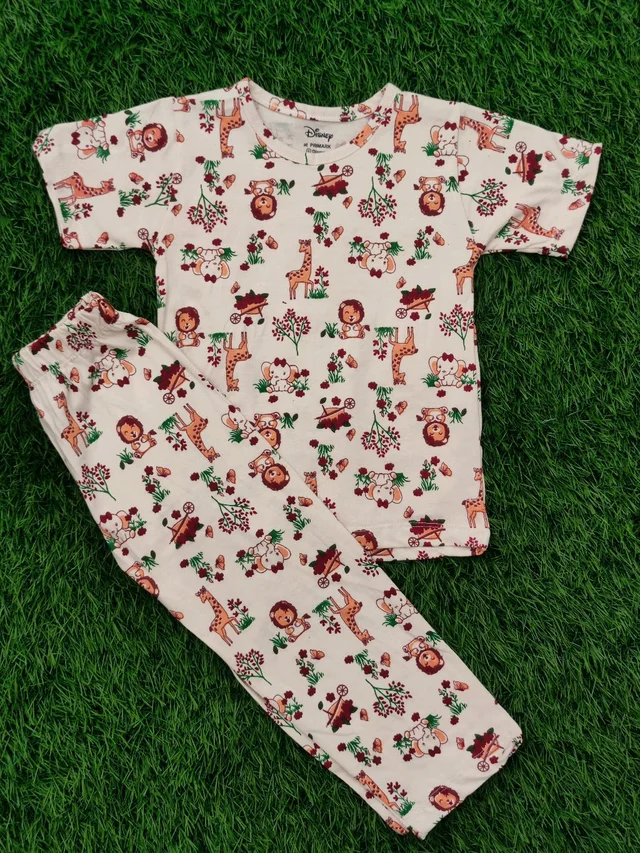Half Sleeve Pyjama set (Co-ord set) for Boys & Girls - Biege White Lion