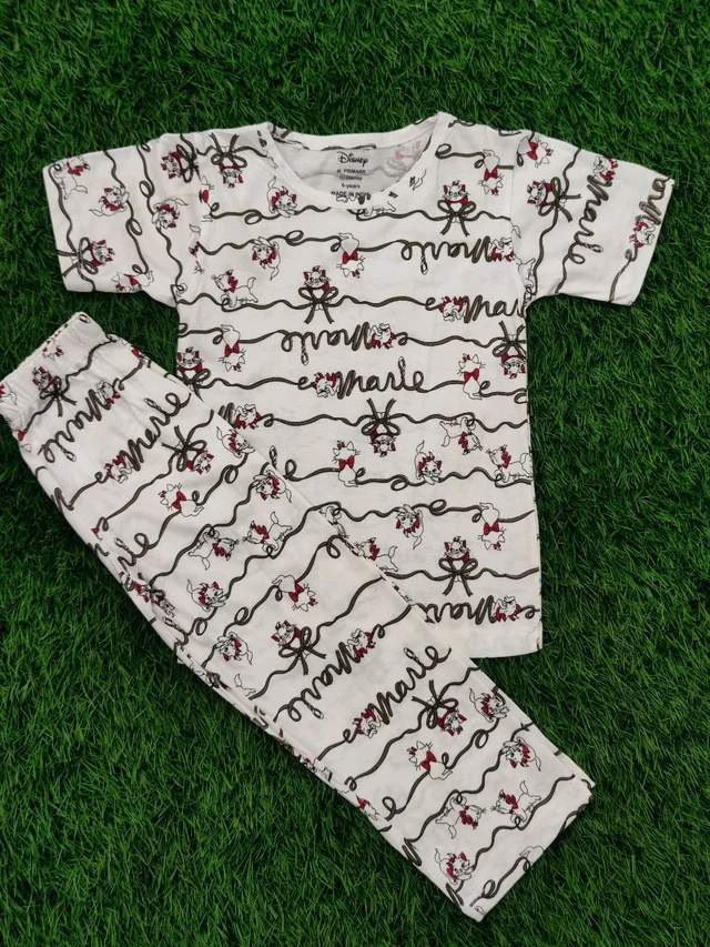 Half Sleeve Pyjama set (Co-ord set) for Boys & Girls - White Cat
