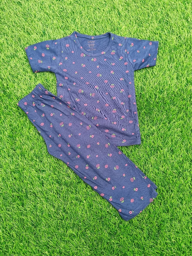 Half Sleeve Pyjama set (Co-ord set) for Boys & Girls - Navy Blue Rose