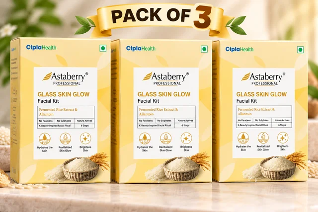 Astaberry Professional Glass Skin Glow Facial Kit Pack of 3 | Fermented Rice Extract & Allantoin | 6-Step Facial Kit | Hydrates & Brightens Skin