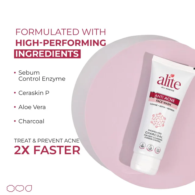 Alite Anti-Acne Face Wash 70g with Encapsulated Charcoal for Oily to Normal Skin | Detoxifies Pores | Daily Use Unisex Face Wash | Acne Control