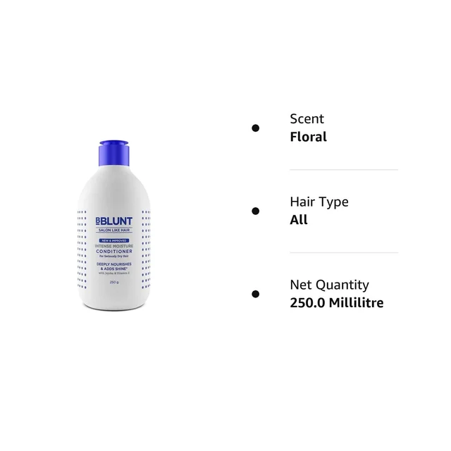 Bblunt BBLUNT Intense Moisture Conditioner 250g with Vitamin E & Jojoba for Unisex| Deep Hydration for Dry & Frizzy Hair | Softens, Smoothens & Adds Shine | Salon Tested