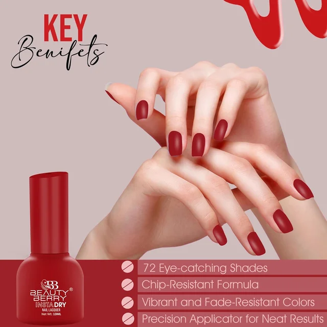 Beauty Berry Insta Dry Nail Lacquer Ruby 37 - 13ml | Quick-Dry & Long-Lasting | High Shine & Smooth Application | Classic Red Shade for Elegant Nails