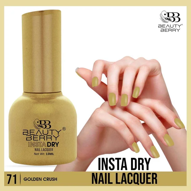Beauty Berry Insta Dry Nail Lacquer Golden Crush 71 - 13ml | Quick-Dry & Long-Lasting | High Shine & Smooth Application | Vibrant gold shade adds a touch of luxury