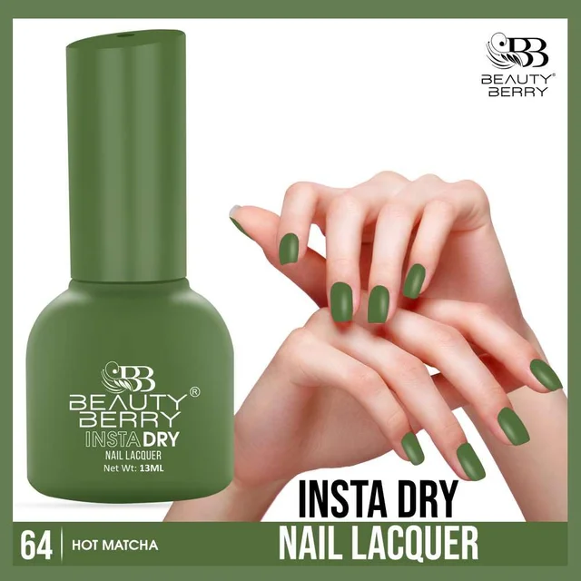 Beauty Berry Insta Dry Nail Lacquer Hot Matcha 64 - 13ml | Quick-Dry & Long-Lasting | High Shine & Smooth Application | Matcha Green Shade for Elegant Nails