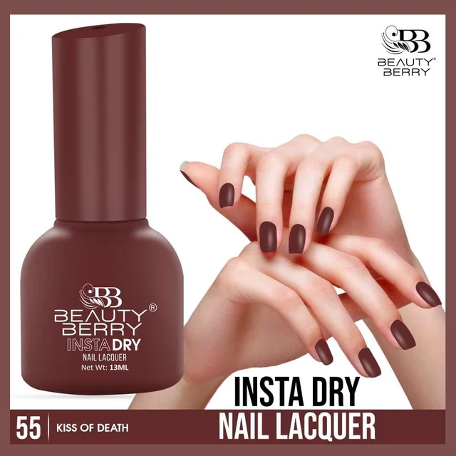 Beauty Berry Insta Dry Nail Lacquer Kiss of Death 55 - 13ml | Quick-Dry & Long-Lasting | High Shine & Smooth Application | Deep Burgundy Shade for Elegant Nails