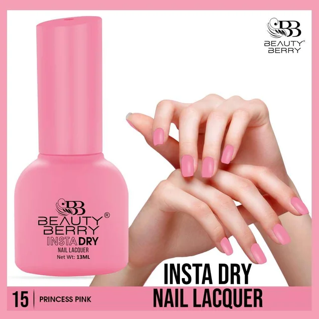 Beauty Berry Insta Dry Nail Lacquer Princess Pink 15 - 13ml | Quick-Dry & Long-Lasting | High Shine & Smooth Application | Soft Pink Shade for Elegant Nails