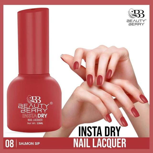 Beauty Berry Insta Dry Nail Lacquer Salmon Sip 08 - 13ml | Quick-Dry & Long-Lasting | High Shine & Smooth Application | Soft Salmon Shade for Elegant Nails