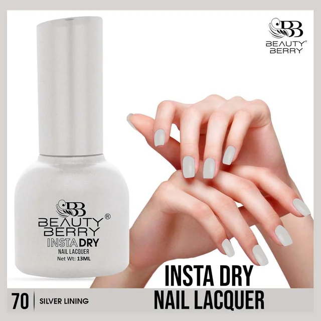 Beauty Berry Insta Dry Nail Lacquer Silver lining 70 - 13ml | Quick-Dry & Long-Lasting | High Shine & Smooth Application | Versatile shade suitable for various occasions