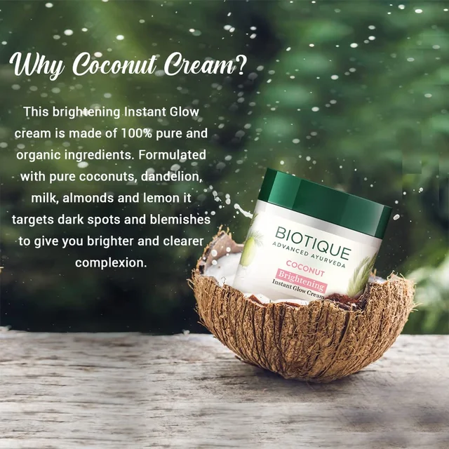 Biotique Coconut Brightening Instant Glow Cream 50gm | for Healthy Skin | Reduces Dark Spots and Protects Ageing | Radiant & Even Skin Tone | Instant Glow Cream | Lightweight and Non-Greasy | 100% Botanical Extracts| All Skin Types |