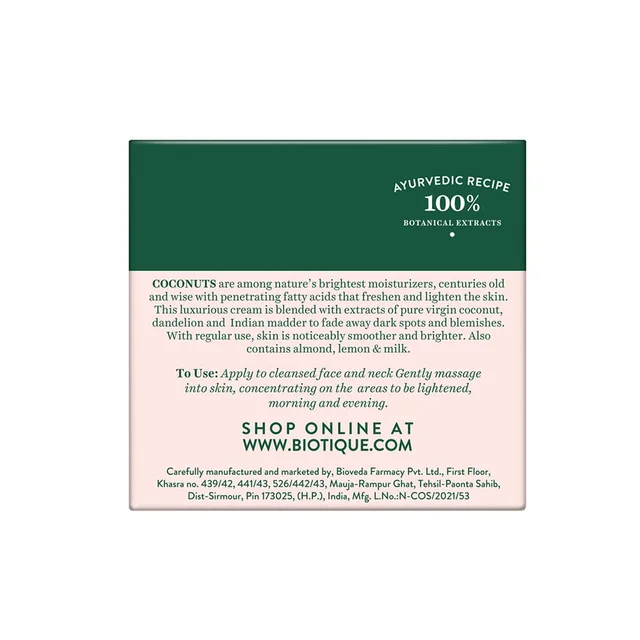 Biotique Coconut Brightening Instant Glow Cream 50gm | for Healthy Skin | Reduces Dark Spots and Protects Ageing | Radiant & Even Skin Tone | Instant Glow Cream | Lightweight and Non-Greasy | 100% Botanical Extracts| All Skin Types |