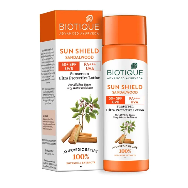Biotique Sun Shield Sandalwood Sunscreen Ultra protecting Lotion 120ml | SPF 50+ UVA/UVB rays | Keeps Skin Soft, Fair and Moisturized | Ayurvedic Sunscreen Lotion | Water Resistant| For All Skin Types|