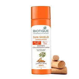 Biotique Sun Shield Sandalwood Sunscreen Ultra protecting Lotion 120ml | SPF 50+ UVA/UVB rays | Keeps Skin Soft, Fair and Moisturized | Ayurvedic Sunscreen Lotion | Water Resistant| For All Skin Types|