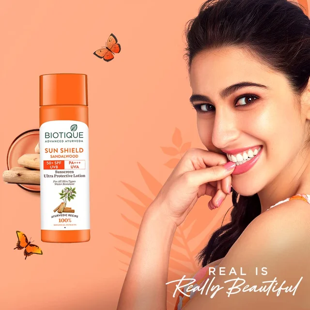 Biotique Sun Shield Sandalwood Sunscreen Ultra protecting Lotion 120ml | SPF 50+ UVA/UVB rays | Keeps Skin Soft, Fair and Moisturized | Ayurvedic Sunscreen Lotion | Water Resistant| For All Skin Types|