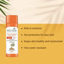 Biotique Sun Shield Sandalwood Sunscreen Ultra protecting Lotion 120ml | SPF 50+ UVA/UVB rays | Keeps Skin Soft, Fair and Moisturized | Ayurvedic Sunscreen Lotion | Water Resistant| For All Skin Types|