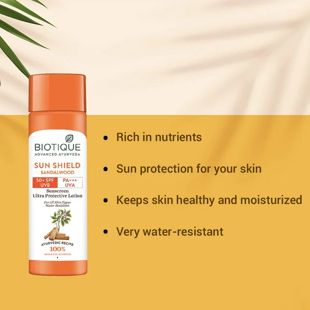 Biotique Sun Shield Sandalwood Sunscreen Ultra protecting Lotion 120ml | SPF 50+ UVA/UVB rays | Keeps Skin Soft, Fair and Moisturized | Ayurvedic Sunscreen Lotion | Water Resistant| For All Skin Types|