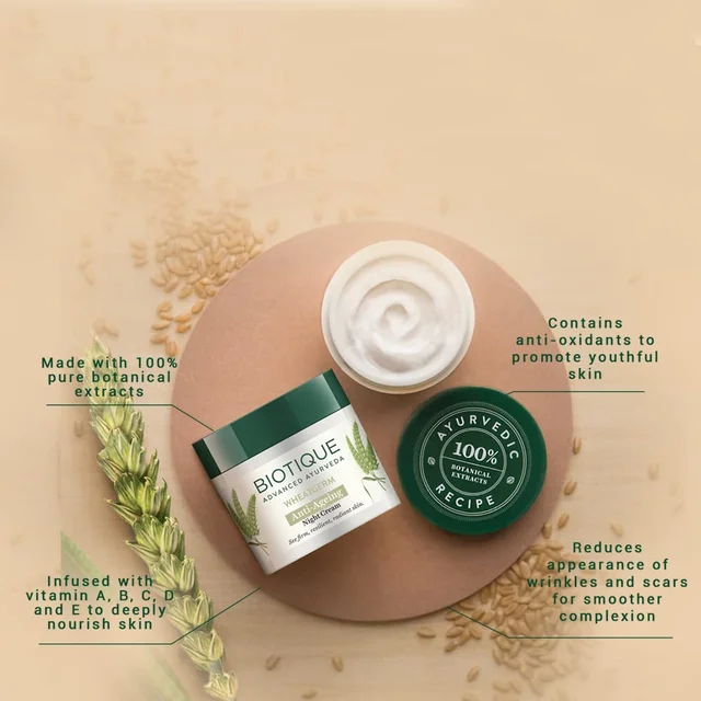 Biotique Wheat Germ Anti- Ageing Night Cream 50g | for Wrinkles & Fine Lines | Lightens dark Spots | Overnight anti-ageing treatment | 100% Botanical Extracts | Suitable for All Skin Types |