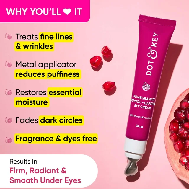 Dot & Key Pomegranate Retinol + Caffeine Eye Cream, 20ml | Reduces Dark Circles, Puffiness & Fine Lines | Hydrating & Brightening | For Youthful, Radiant Eyes