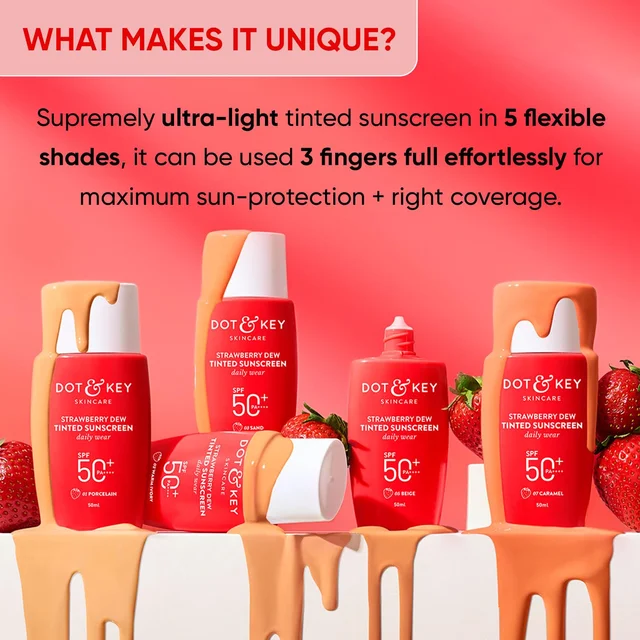 Dot & Key Caramel Strawberry Dew Tinted Sunscreen SPF 50+ PA++++ 50ml | Hydrating, Lightweight & Non-Greasy | Evens Skin Tone & Protects from UV Damage