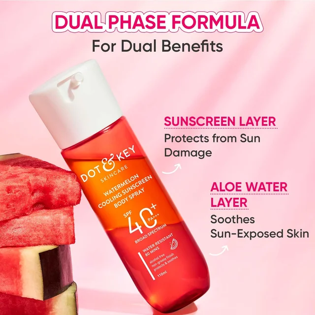 Dot & Key DOT & KEY Watermelon Cooling Sunscreen Body Spray� 110ml | SPF 40 Pa+++ | Sun Protection Lotion | Broad Spectrum | Alcohol Free | Non Greasy & Sticky | Cooling Effect | For All Skin Types