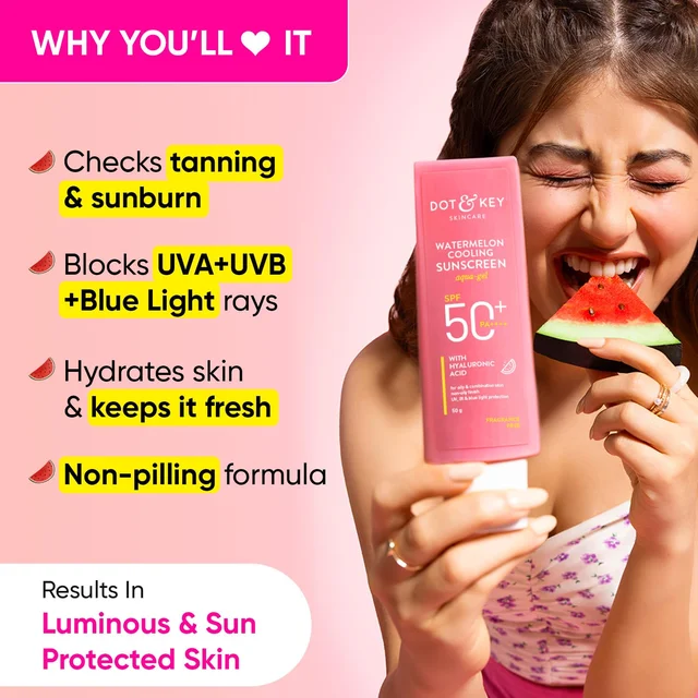 Dot & Key Watermelon Cooling Sunscreen SPF 50 PA++++ with Hyaluronic Acid | Superior UV Protection | Non-Greasy, Cooling Formula | UV , IR & Blue Light Protection | Lightweight | for Oily & Combination Skin | Non Oily Finish | 50g