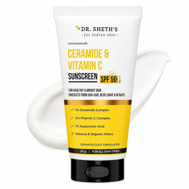 Dr. Sheth's Ceramide & Vitamin C Sunscreen 50g SPF 50+ PA++++ | Broad Spectrum UVA/UVB Protection | In-Vivo Tested | Lightweight | No White Cast | Tan Care