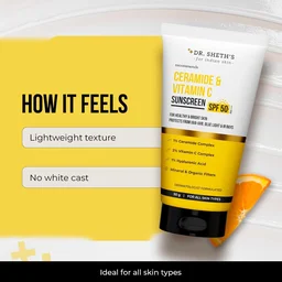 Dr. Sheth's Ceramide & Vitamin C Sunscreen 50g SPF 50+ PA++++ | Broad Spectrum UVA/UVB Protection | In-Vivo Tested | Lightweight | No White Cast | Tan Care