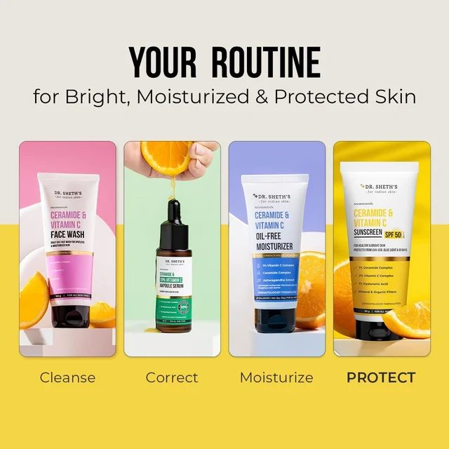 Dr. Sheth's Ceramide & Vitamin C Sunscreen 50g SPF 50+ PA++++ | Broad Spectrum UVA/UVB Protection | In-Vivo Tested | Lightweight | No White Cast | Tan Care