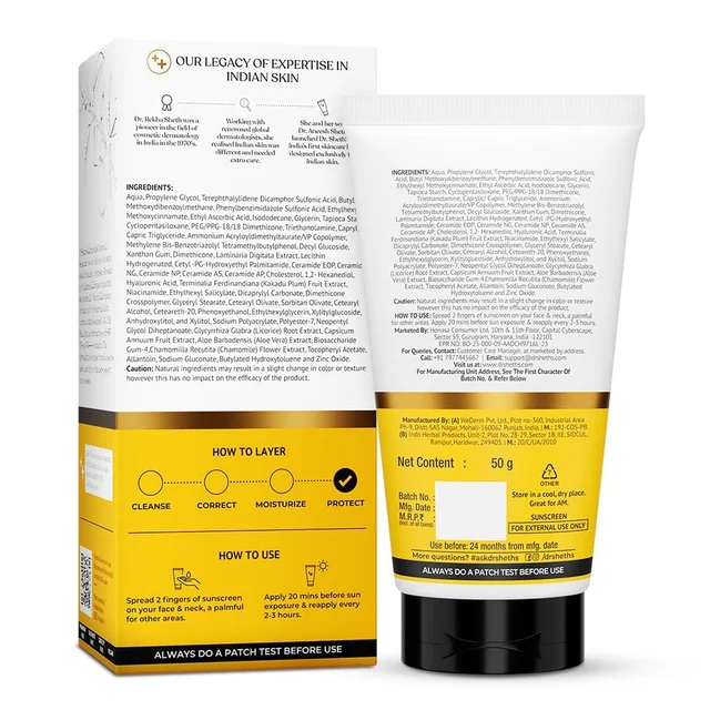 Dr. Sheth's Ceramide & Vitamin C Sunscreen 50g SPF 50+ PA++++ | Broad Spectrum UVA/UVB Protection | In-Vivo Tested | Lightweight | No White Cast | Tan Care