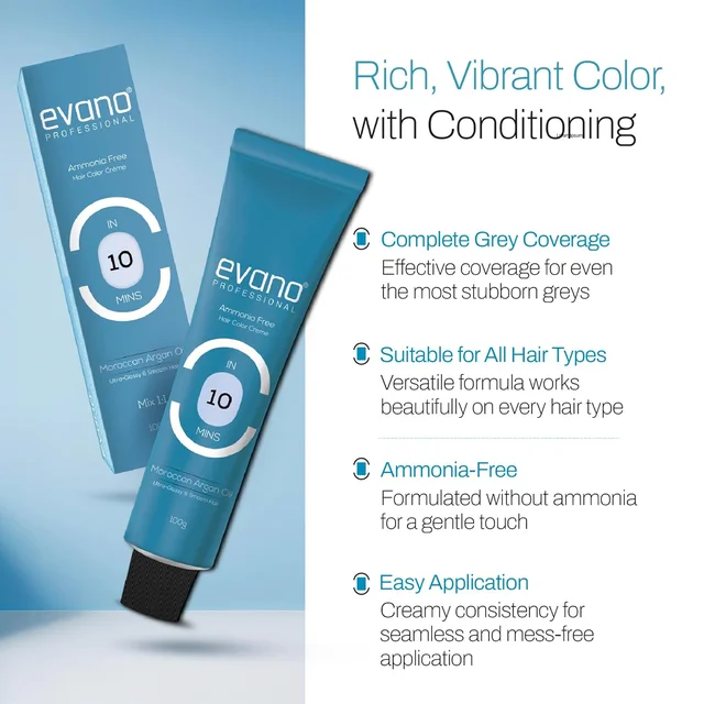 Evano Professional Creme Hair Colour Black 100g | Ammonia-Free Formula | 100% Grey Coverage in 10 Minutes | Long-Lasting Salon Quality Hair Color for Women & Men