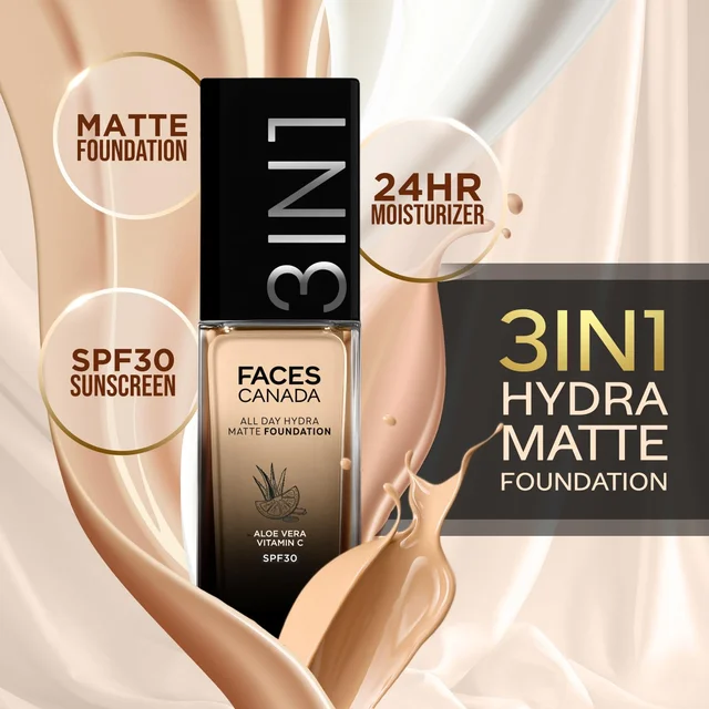 Faces Canada All Day Hydra Matte Liquid Foundation 30ml, Golden Beige 032 | 3-in-1 Foundation + Moisturizer + SPF 30 | Aloe Hydration, Vitamin C, 10Hr Long Wear Coverage